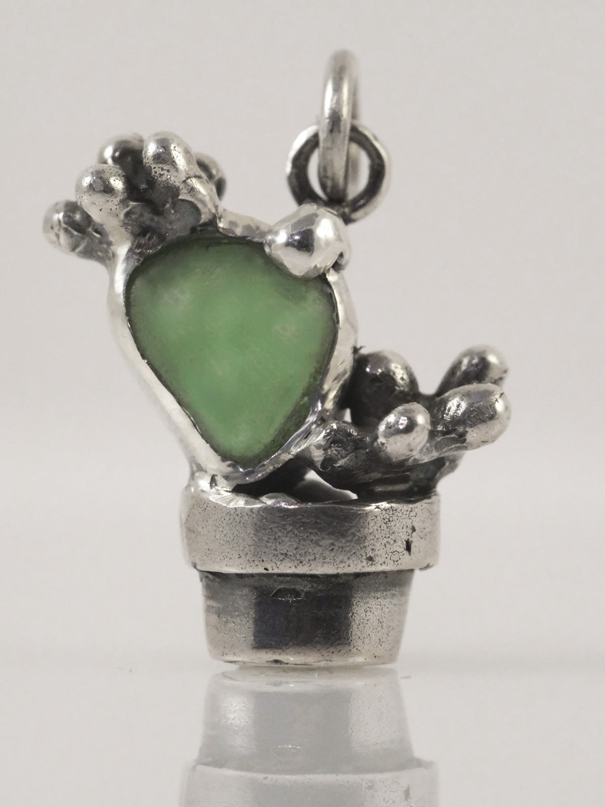 Silver cactus pendant with green sea glass handmade by VerdeRame Jewels