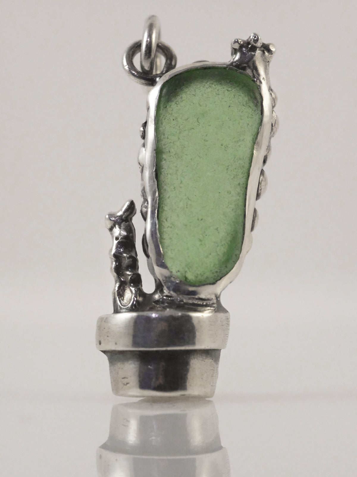 Silver cactus pendant with sea glass shard handmade by VerdeRame Jewels