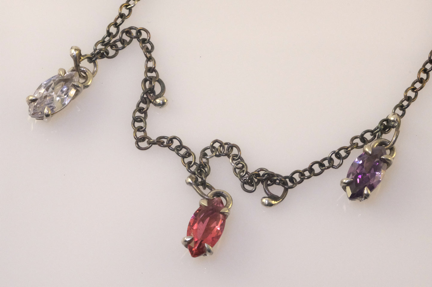 Quirky oxidised silver necklace with marquise crystals handmade by VerdeRame Jewels