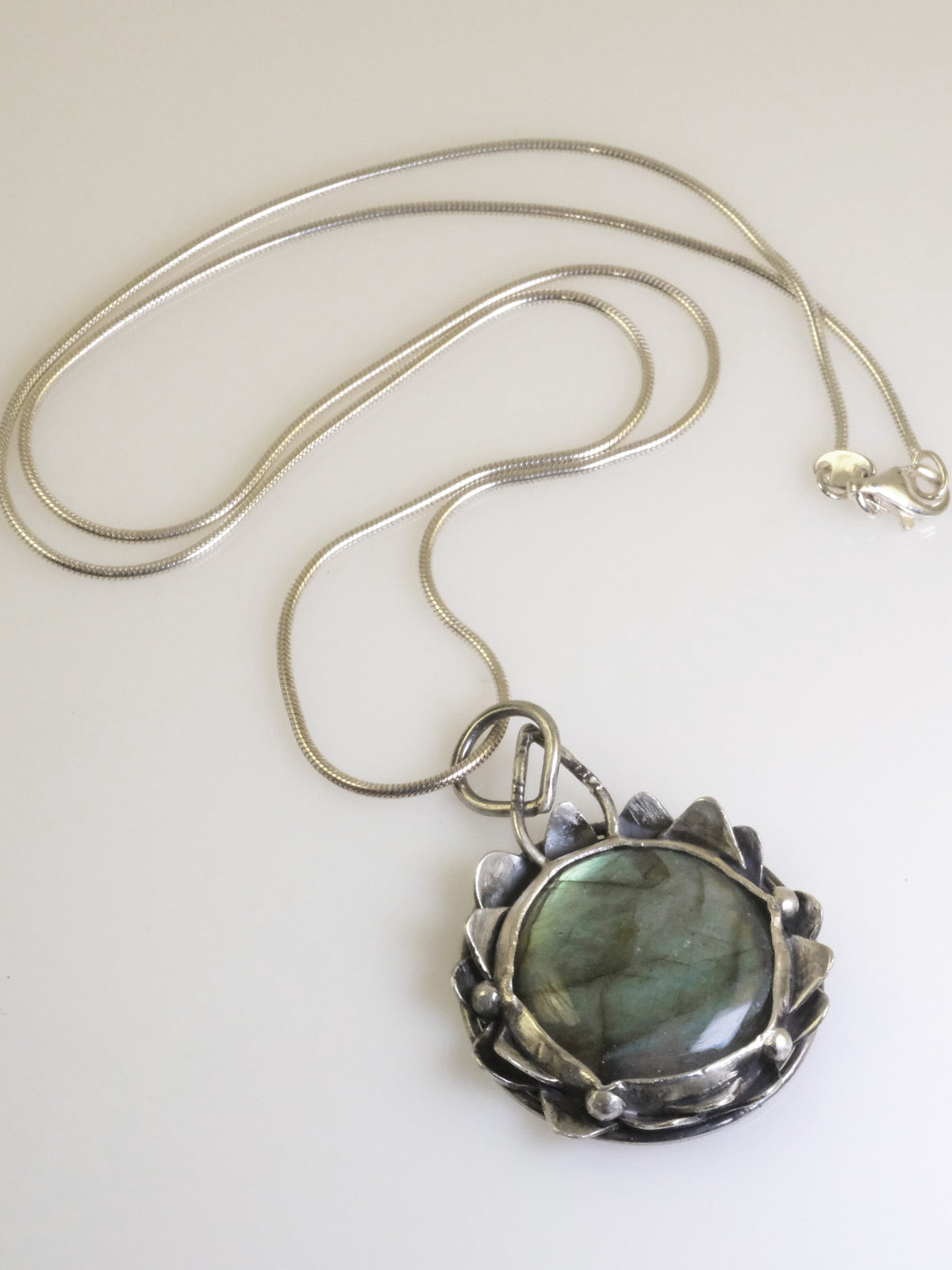 Labradorite and silver water lily pendant handmade by VerdeRame Jewels