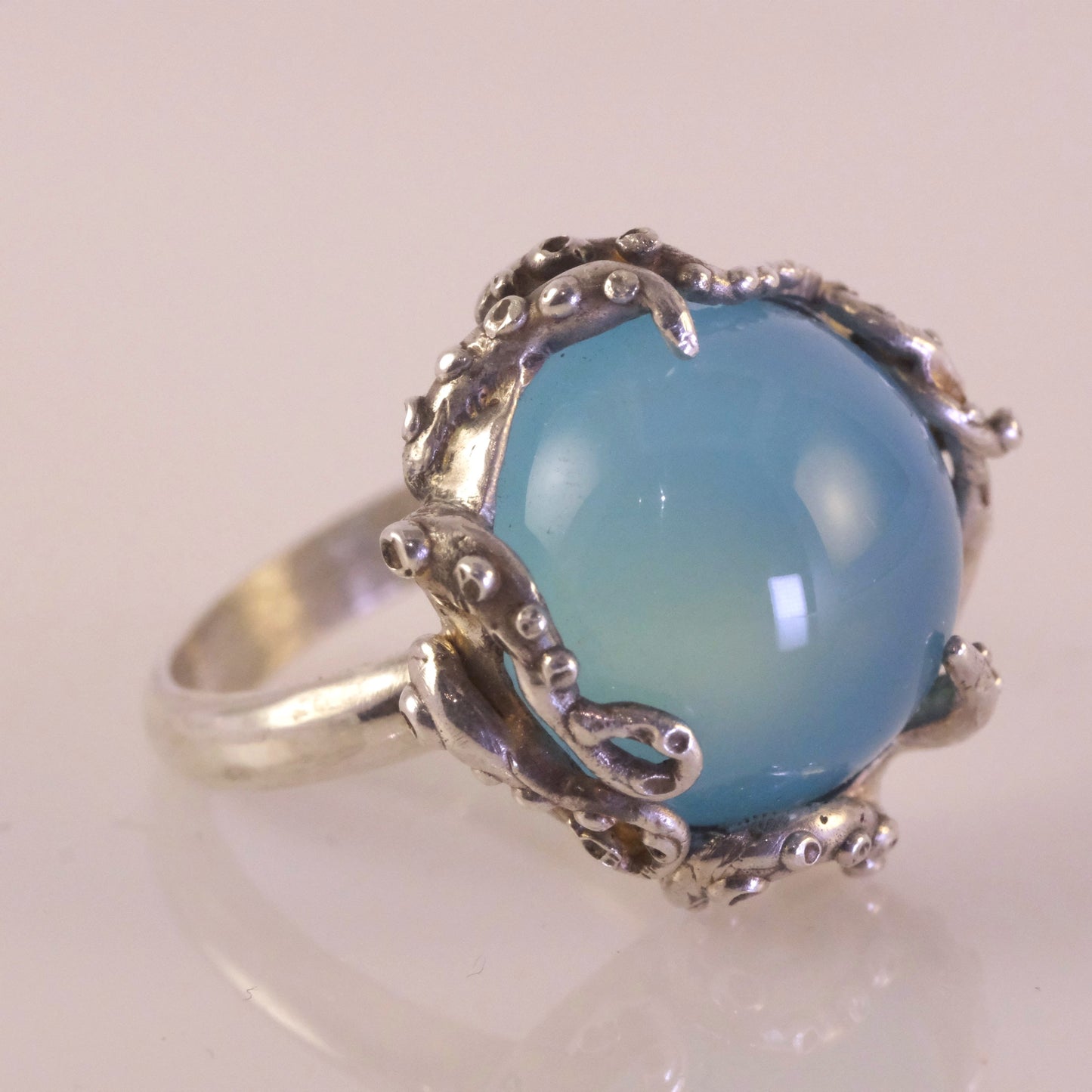 Silver octopus ring with blue chalcedony by VerdeRame Jewels