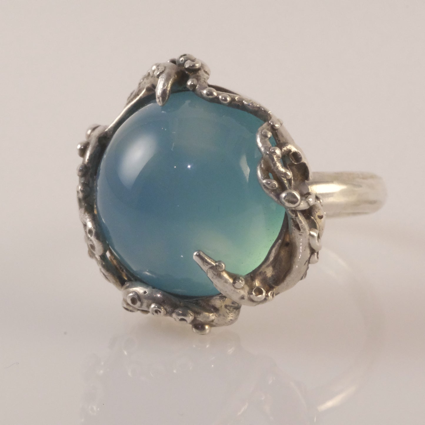 Silver octopus ring with blue chalcedony by VerdeRame Jewels