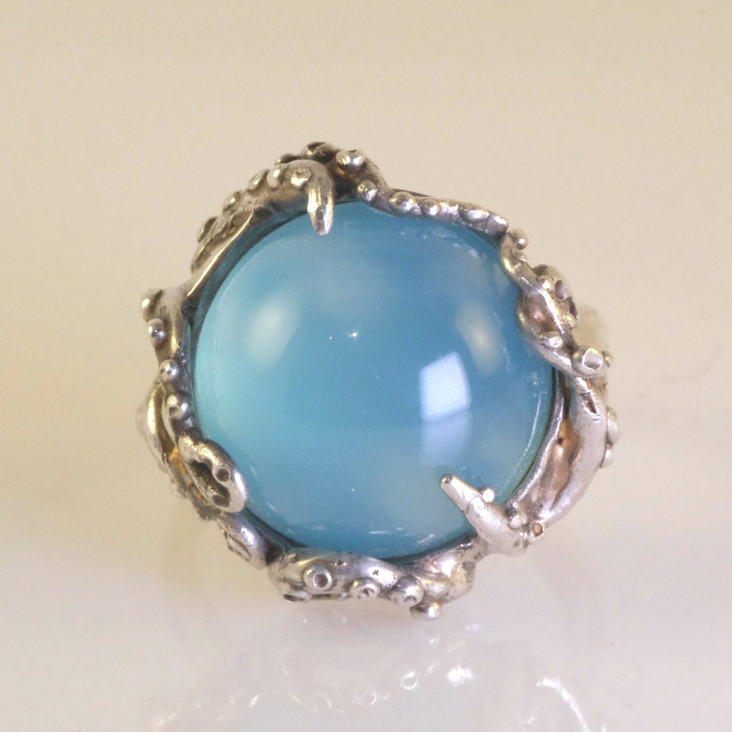 Silver octopus ring with blue chalcedony by VerdeRame Jewels