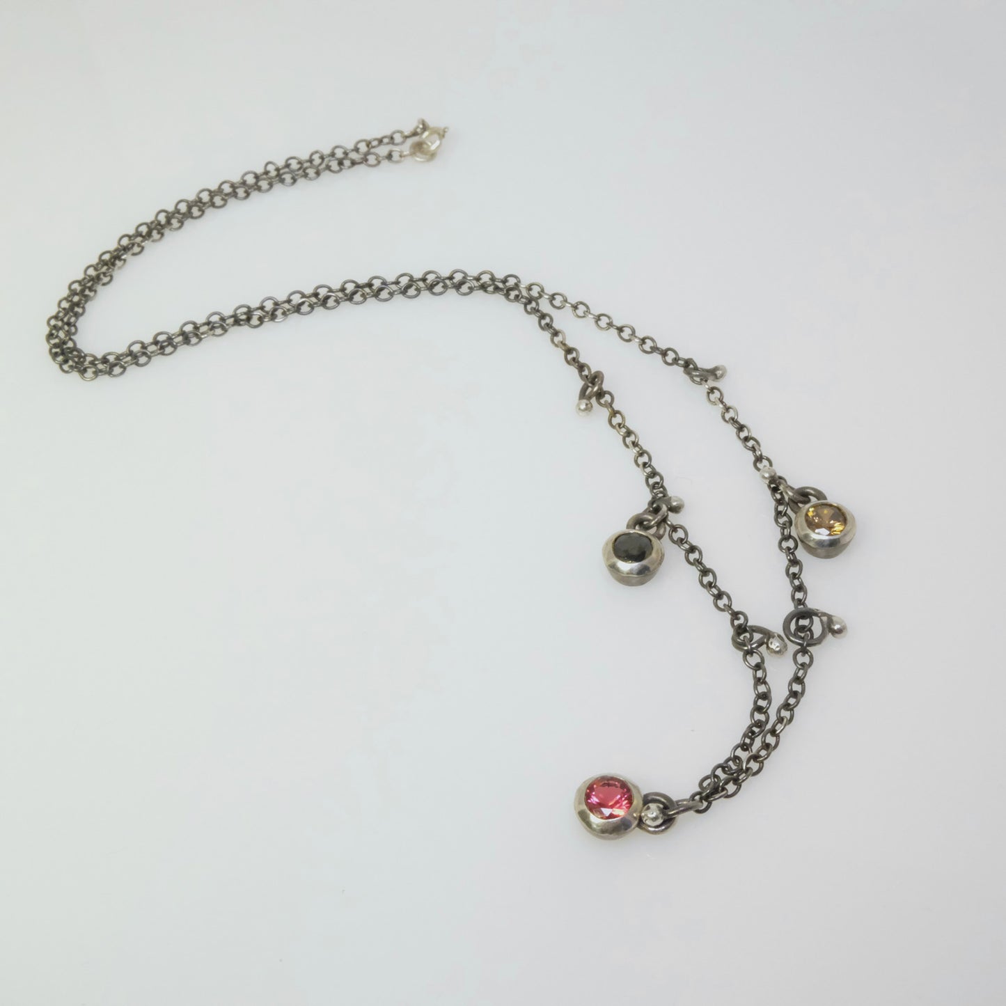 Quirky oxidised silver necklace with round crystals handmade by VerdeRame Jewels