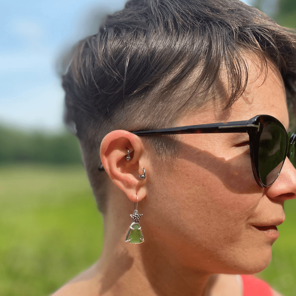 Ocean inspired starfish earrings with sea glass and sterling silver