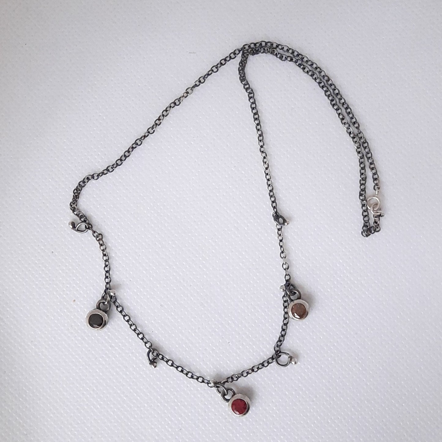 Quirky oxidised silver necklace with round crystals handmade by VerdeRame Jewels