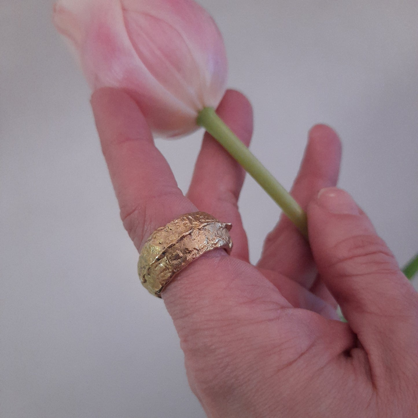 Chunky sand cast bronze ring handmade by VerdeRame Jewels