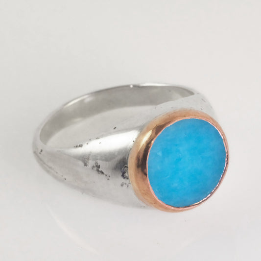 Sand-cast signet ring with amazonite slab in copper bezel by VerdeRame Jewels