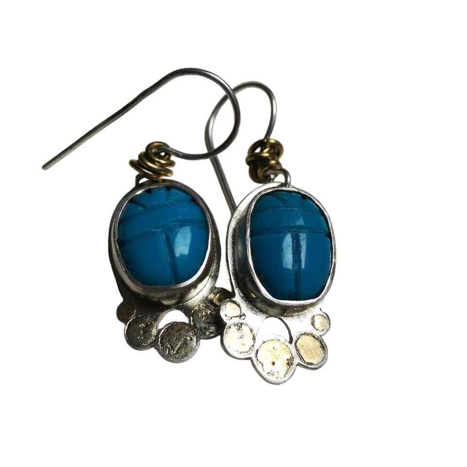 Scarab beetle turquoise and silver earrings by VerdeRame Jewels