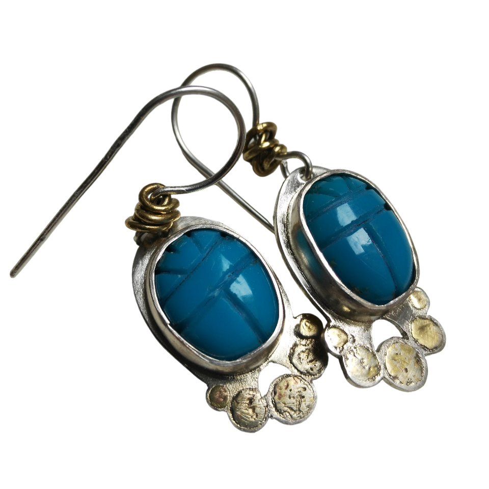 Scarab beetle turquoise and silver earrings by VerdeRame Jewels