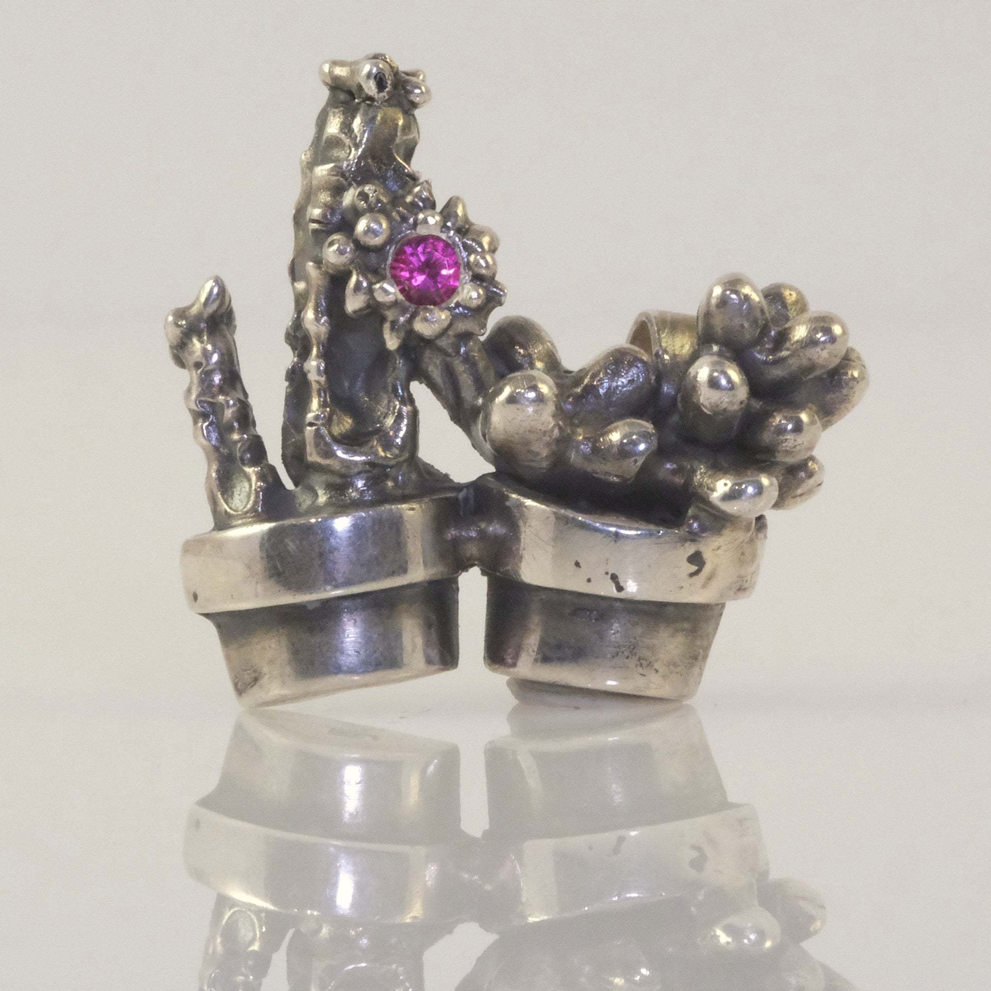 Double cactus pendant with pink zirconia by VerdeRame Jewels