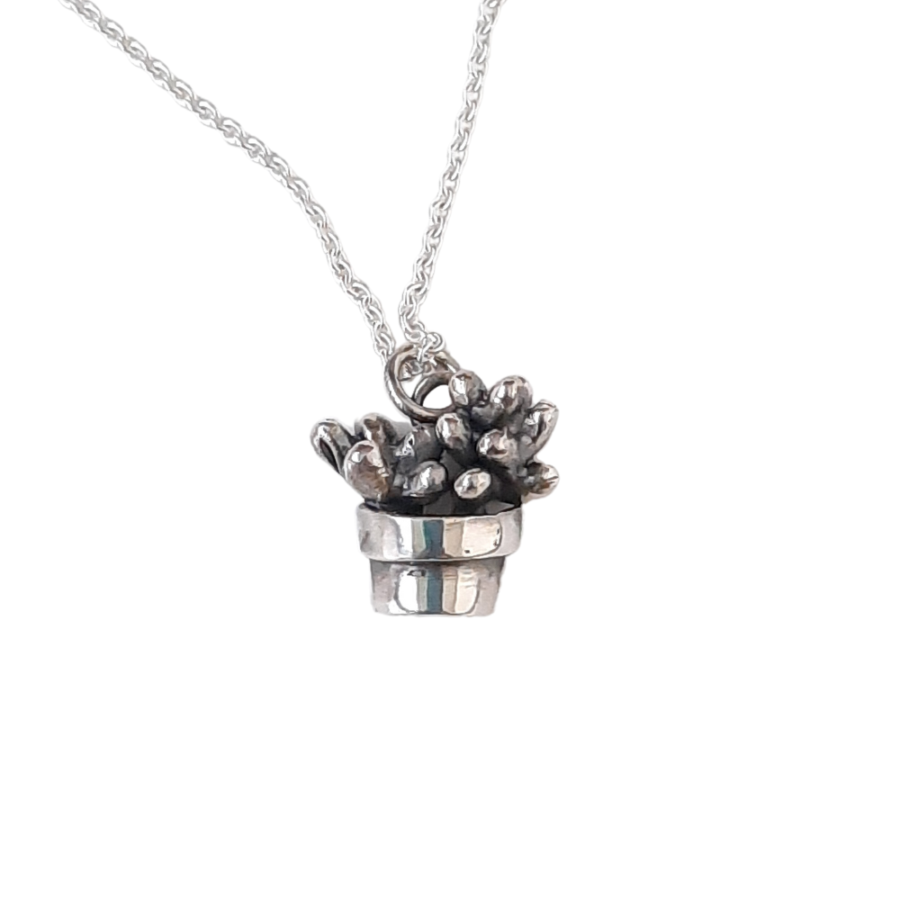 Silver cactus pendant handmade by VerdeRame Jewels