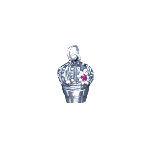 Silver cactus pendant with pink crystal by VerdeRame Jewels