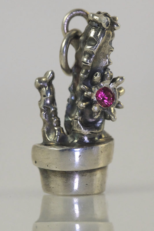 Silver cactus pendant handmade by VerdeRame Jewels