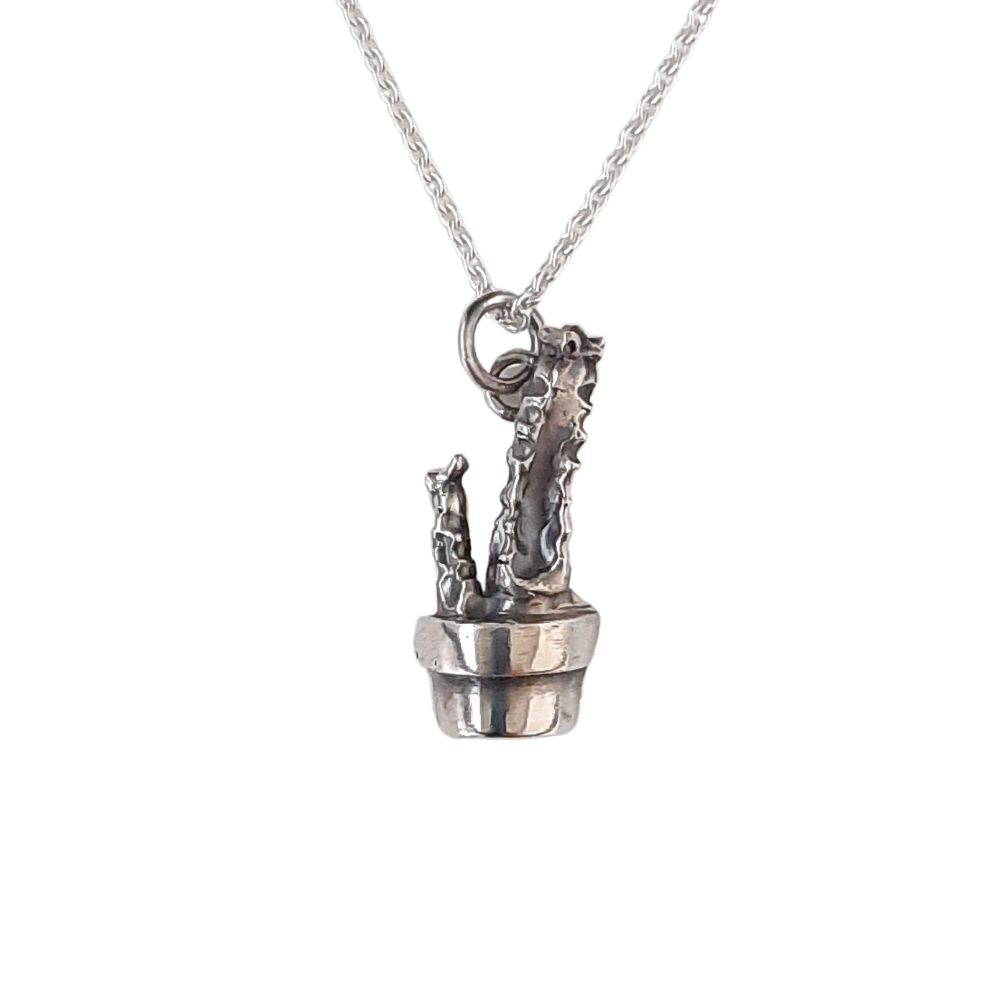 Silver cactus pendant handmade by VerdeRame Jewels