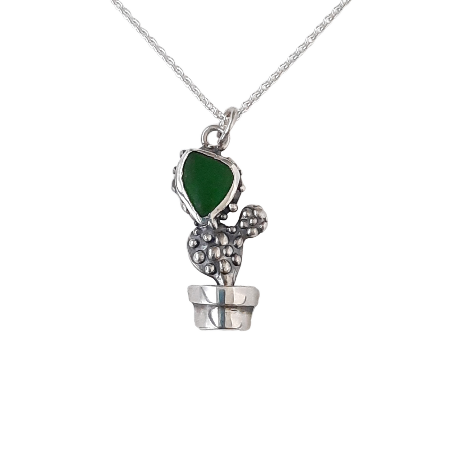 Silver cactus pendant handmade by VerdeRame Jewels