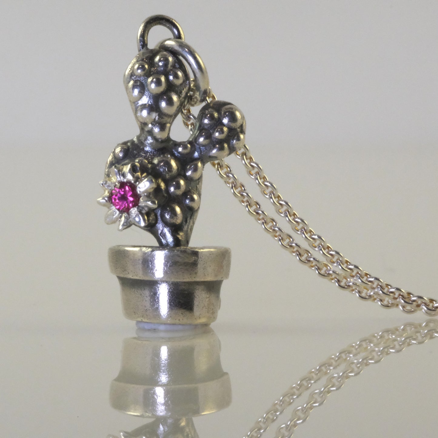 Silver cactus pendant handmade by VerdeRame Jewels