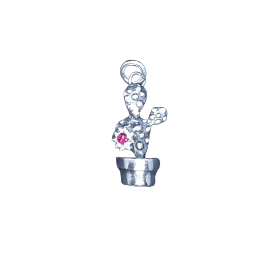 Silver cactus pendant with pink crystal by VerdeRame Jewels