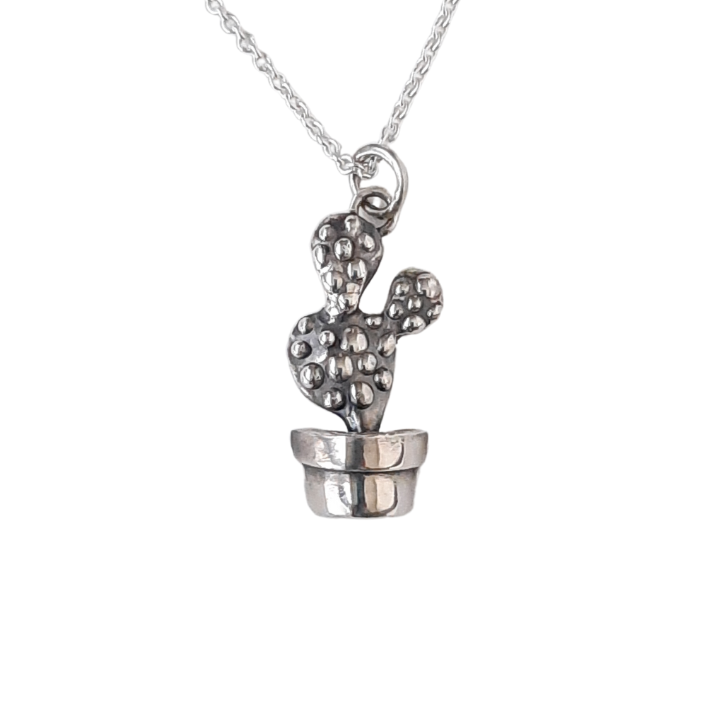 Silver cactus pendant handmade by VerdeRame Jewels