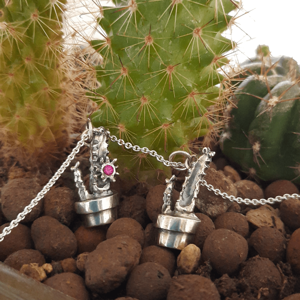 Silver cactus pendant handmade by VerdeRame Jewels