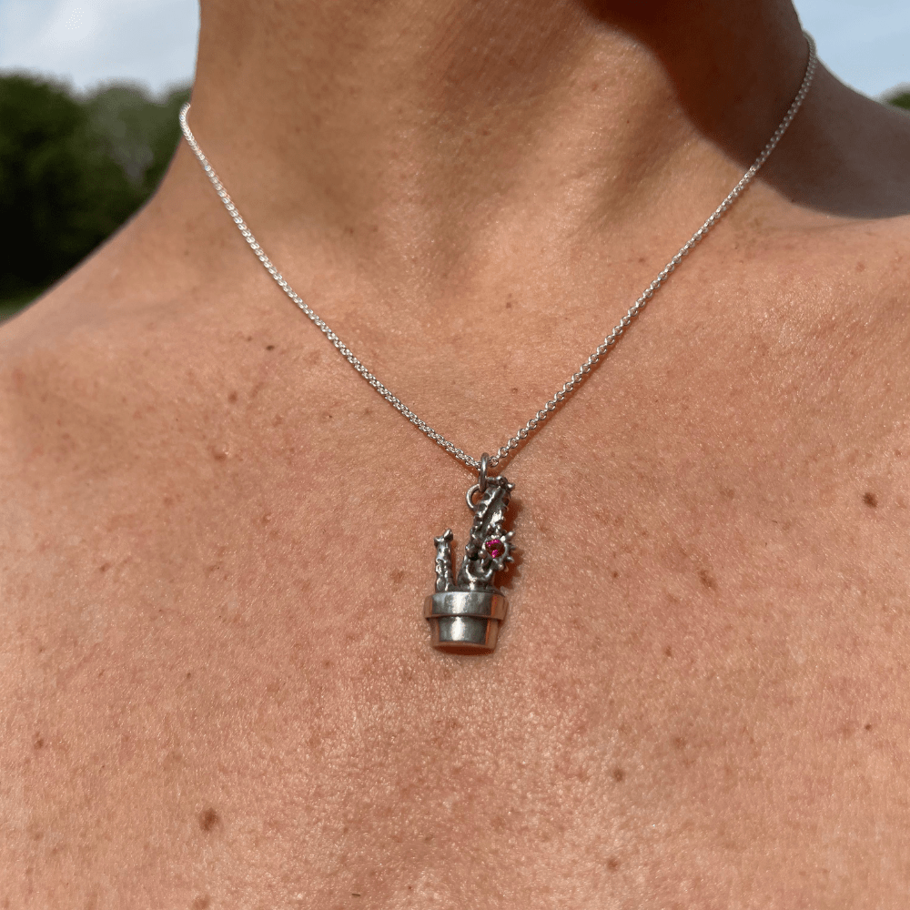 Silver cactus pendant handmade by VerdeRame Jewels