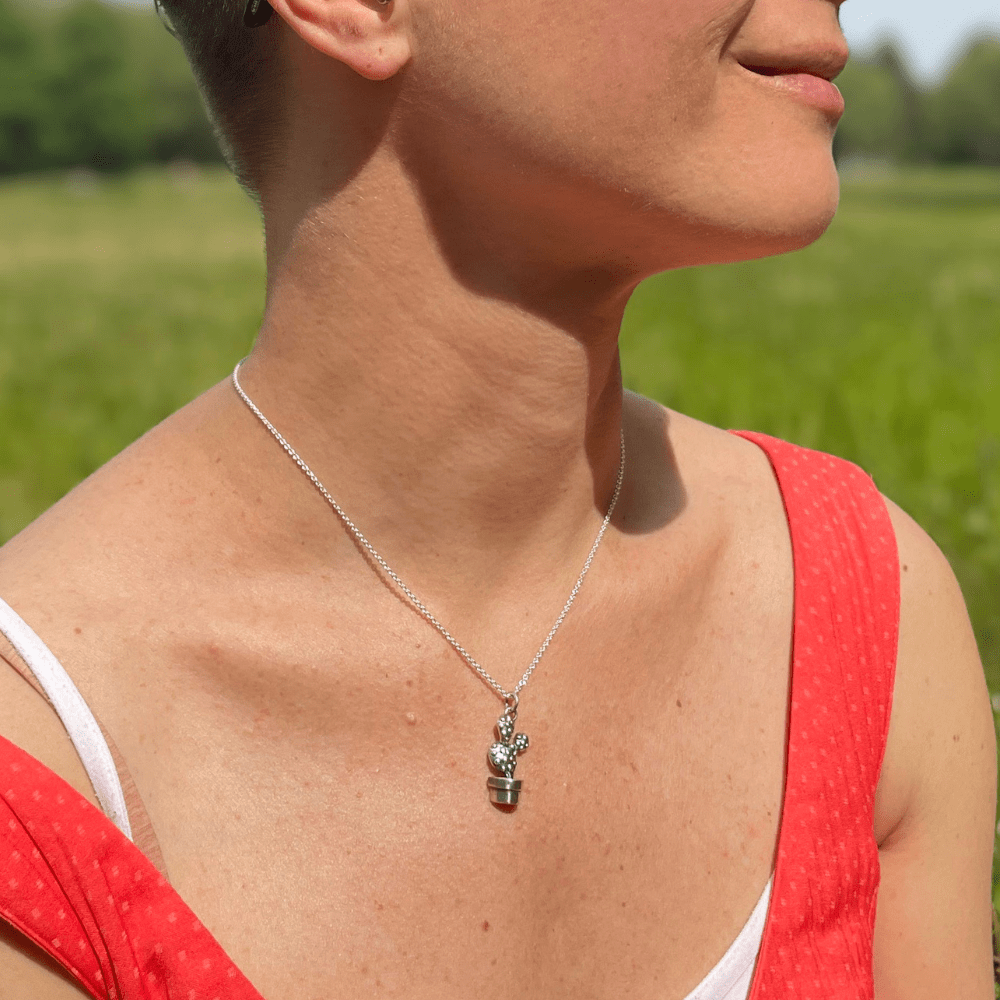 Silver cactus pendant handmade by VerdeRame Jewels