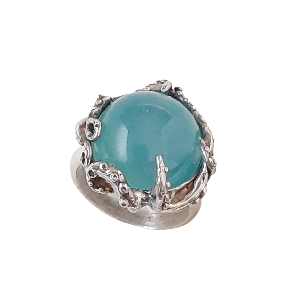 Silver octopus ring with blue chalcedony by VerdeRame Jewels