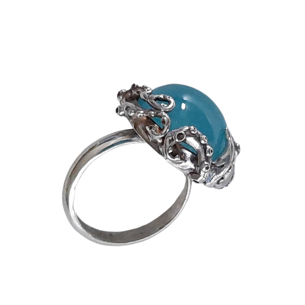 Silver octopus ring with blue chalcedony by VerdeRame Jewels