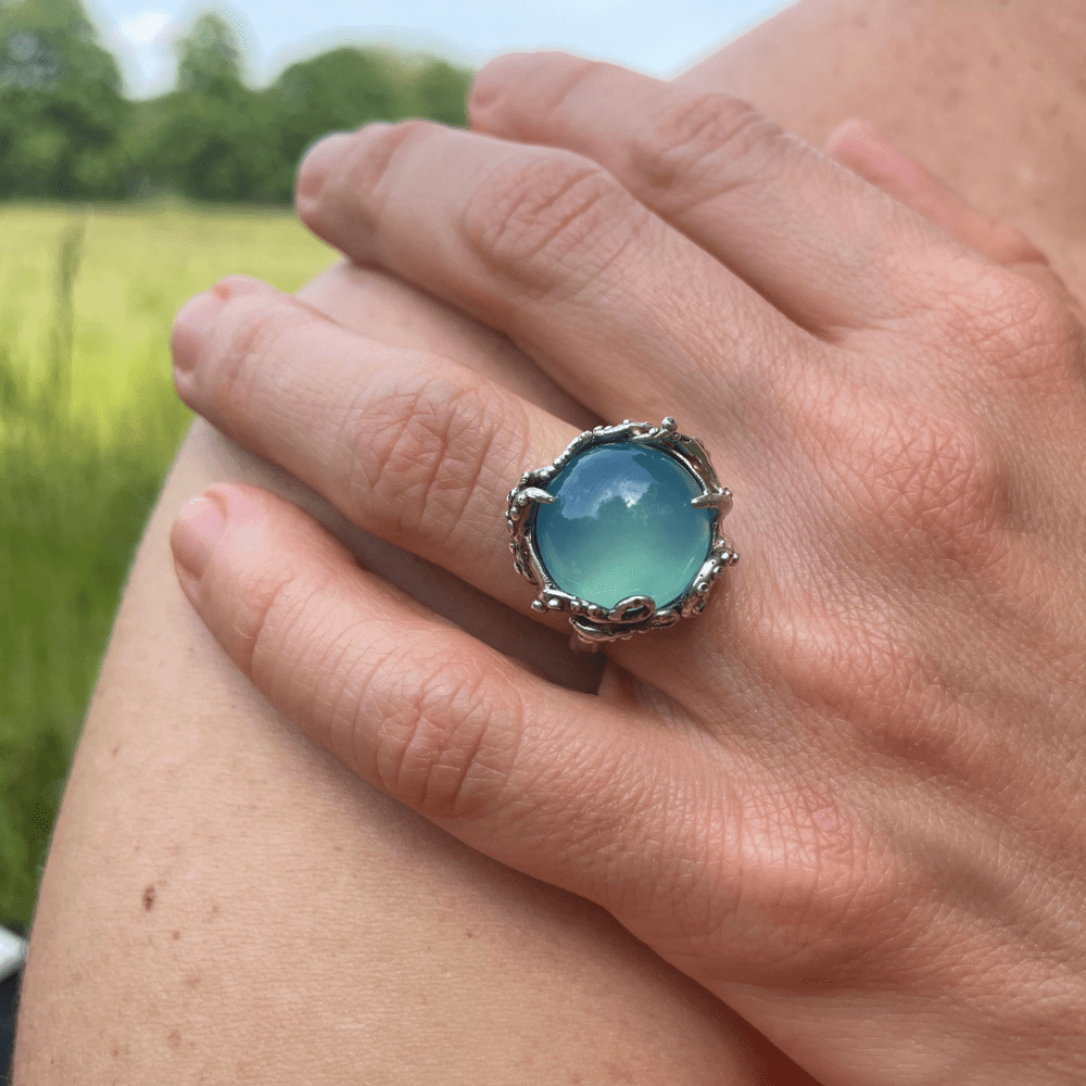 Silver octopus ring with blue chalcedony by VerdeRame Jewels