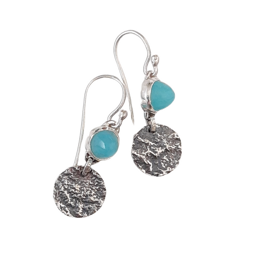 Reticulated silver and blue chalcedony earrings by VerdeRame Jewels