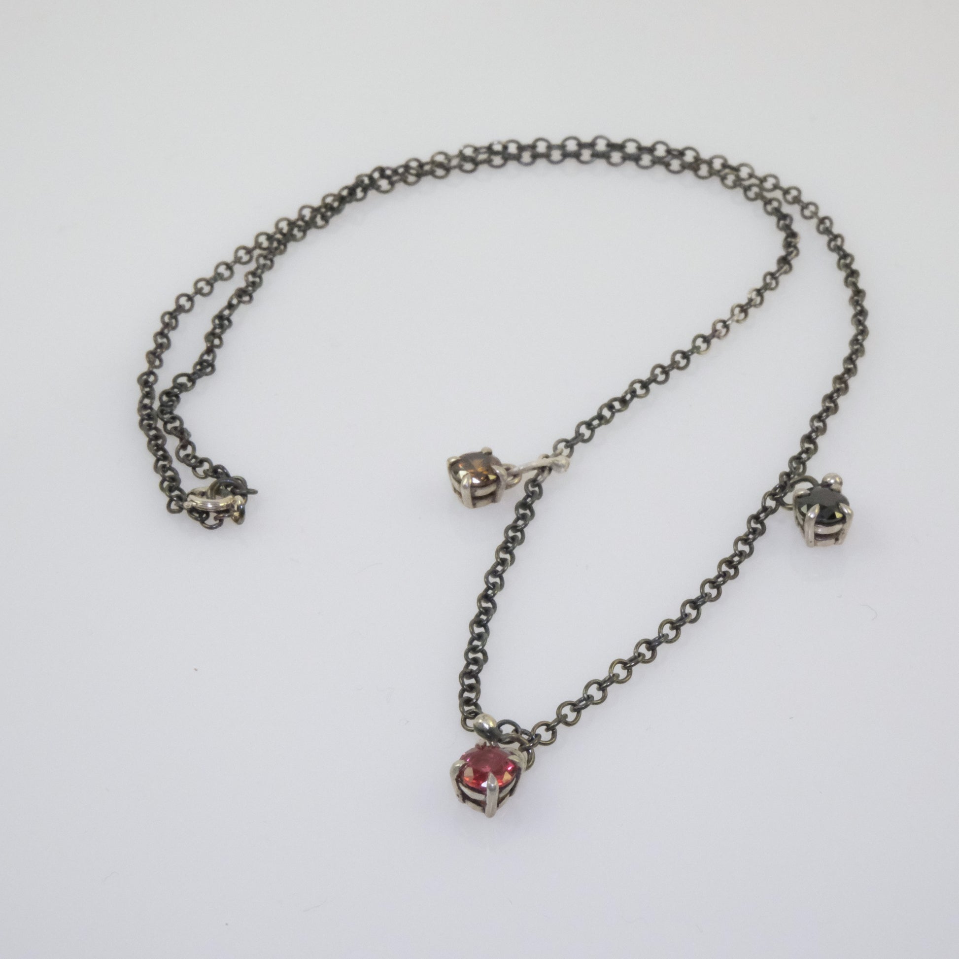 Quirky oxidised silver necklace with round crystals handmade by VerdeRame Jewels