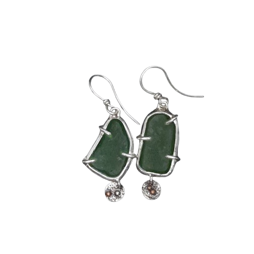 Sea glass silver dangle earrings handmade by VerdeRame Jewels