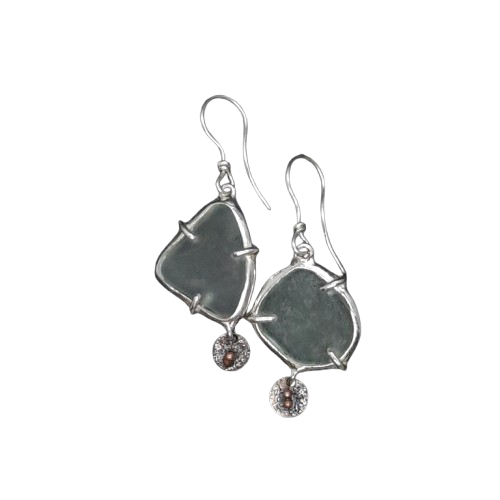 Sea glass silver dangle earrings handmade by VerdeRame Jewels