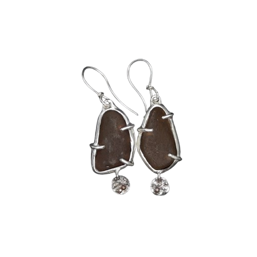 Sea glass silver dangle earrings handmade by VerdeRame Jewels