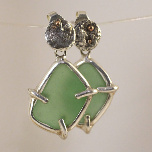 Sea glass studs with copper accents handmade by VerdeRame Jewels
