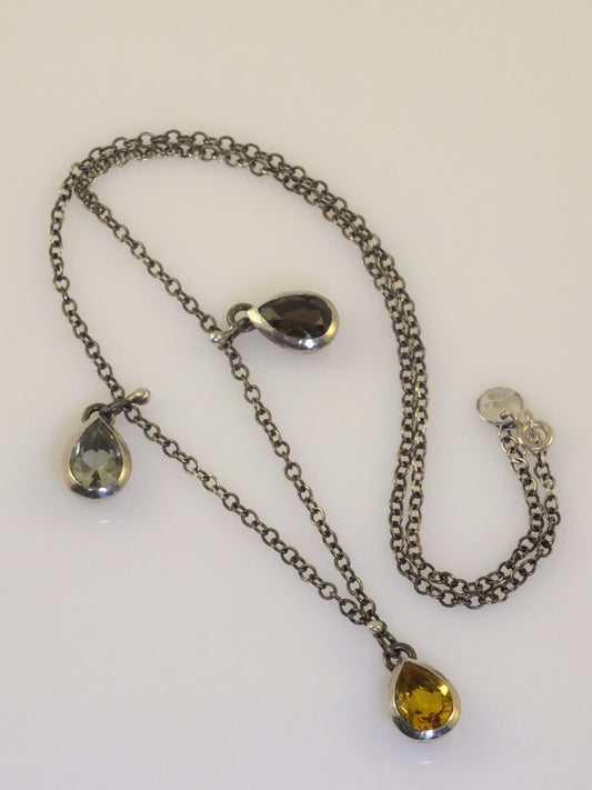 Quirky oxidised silver necklace with teardrop crystals handmade by VerdeRame Jewel