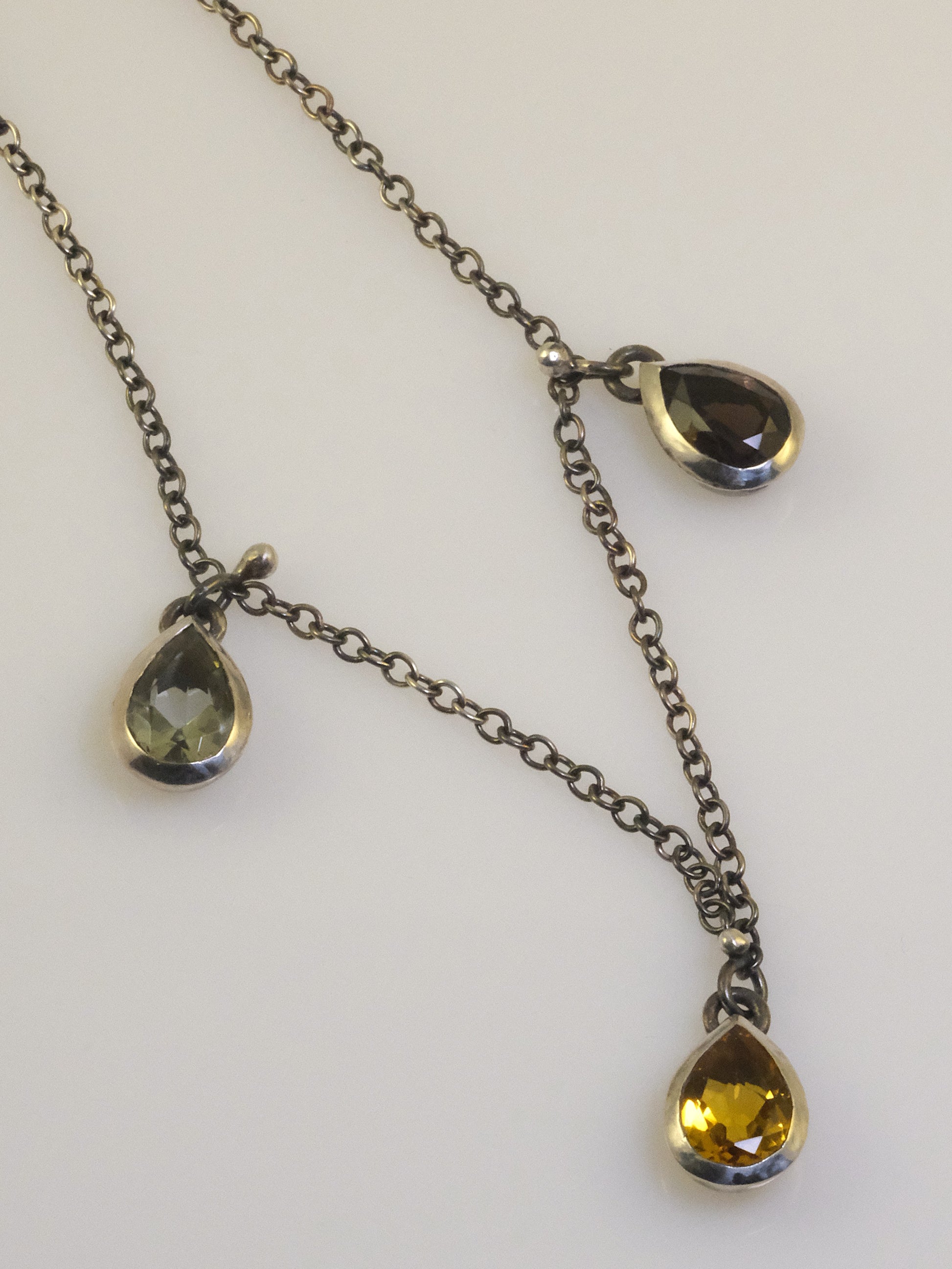Quirky oxidised silver necklace with teardrop crystals handmade by VerdeRame Jewel