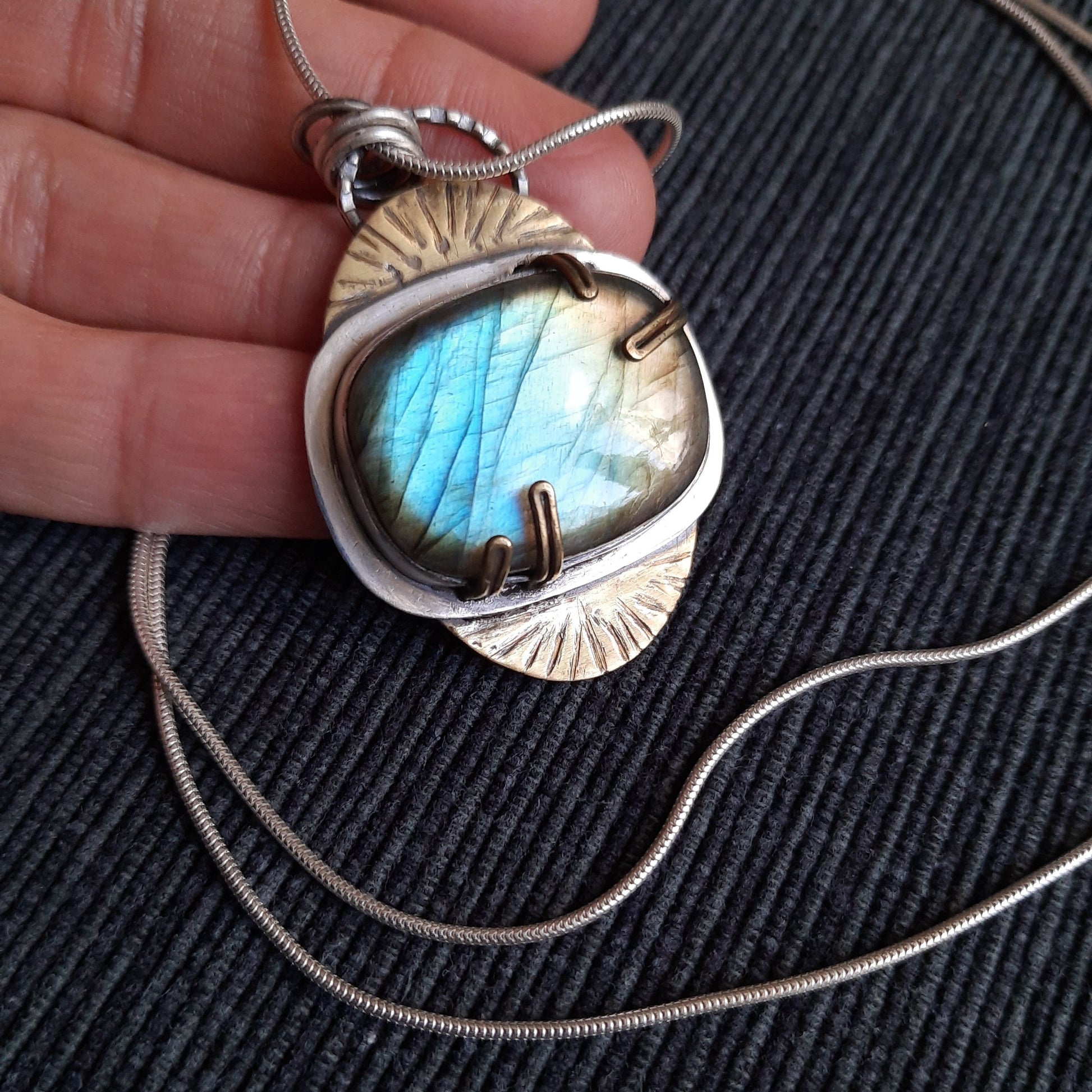 Labradorite and mixed metals pendant handmade by VerdeRame Jewels