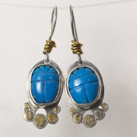 Handmade scarab beetle earrings with turquoise by VerdeRame Jewels