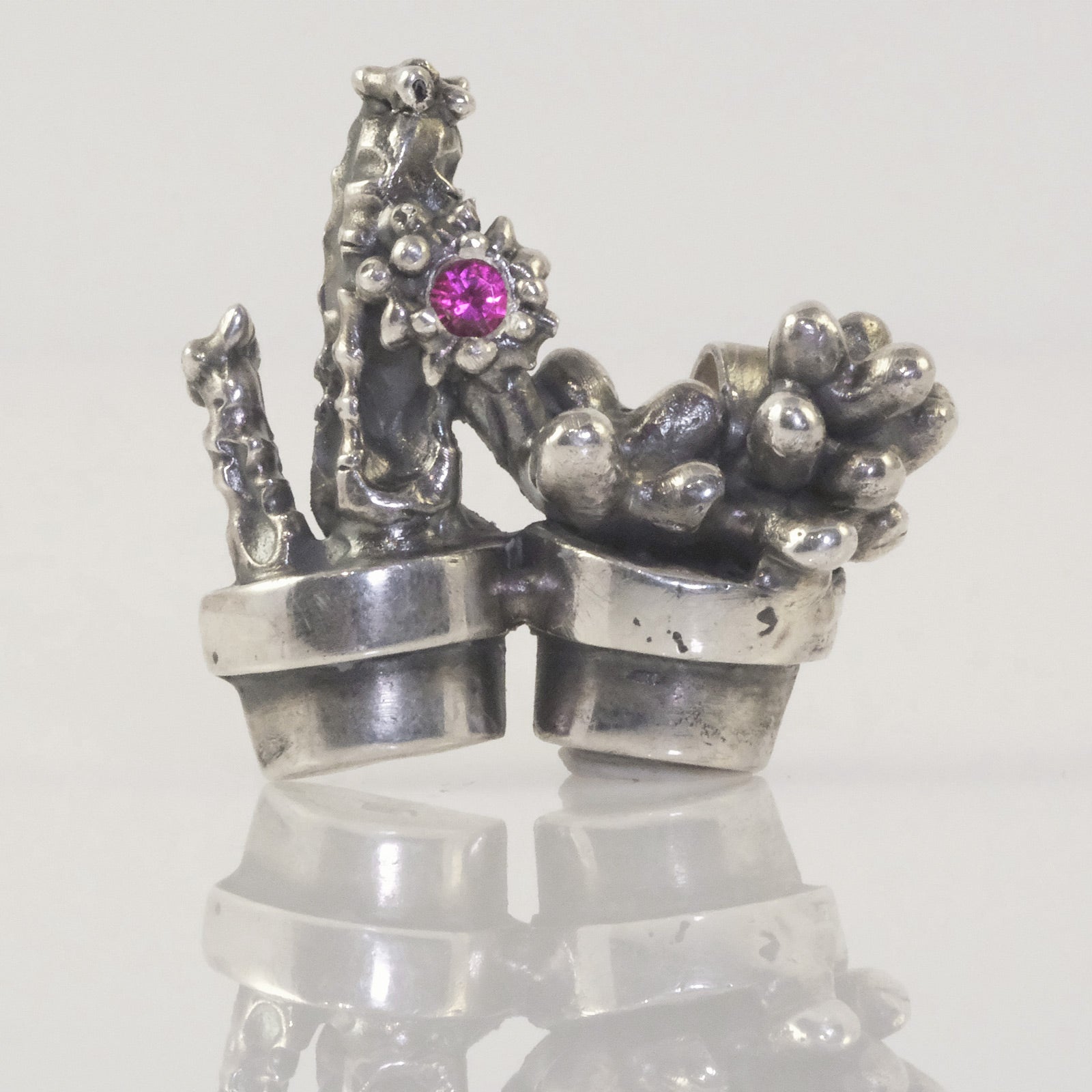 Handmade silver cacti pendant with pink crystal by VerdeRame Jewels