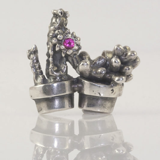 Handmade silver cacti pendant with pink crystal by VerdeRame Jewels