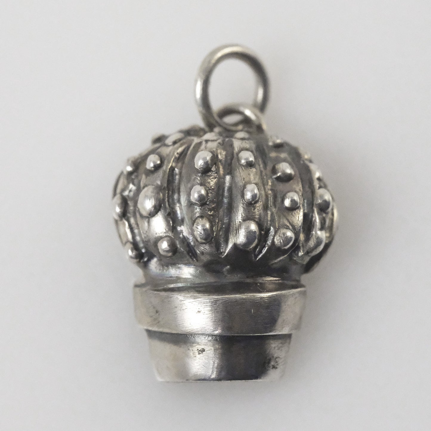 Detail of handmade silver cactus pendant, oxidised finish