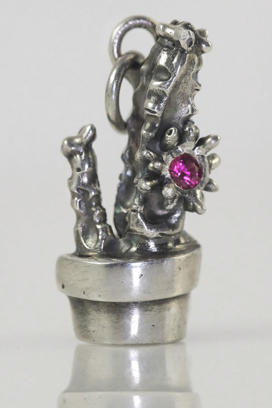 Handmade silver cactus pendant with pink crystal by VerdeRame Copenhagen