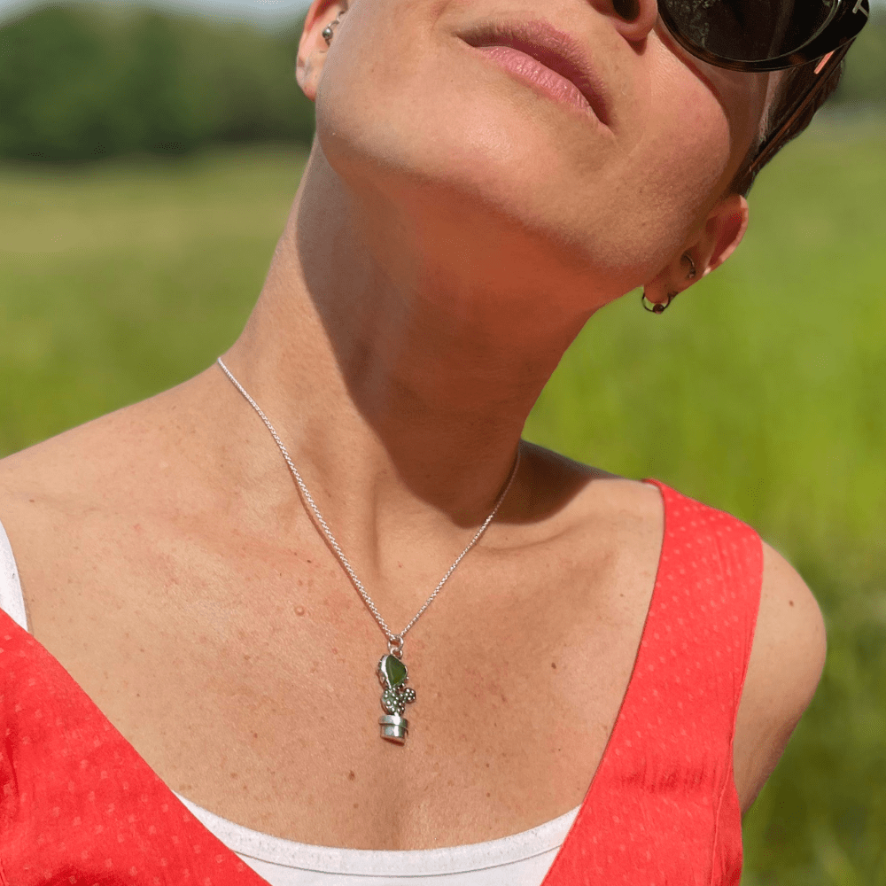 Silver cactus pendant on silver chain, hand made in Copenhagen