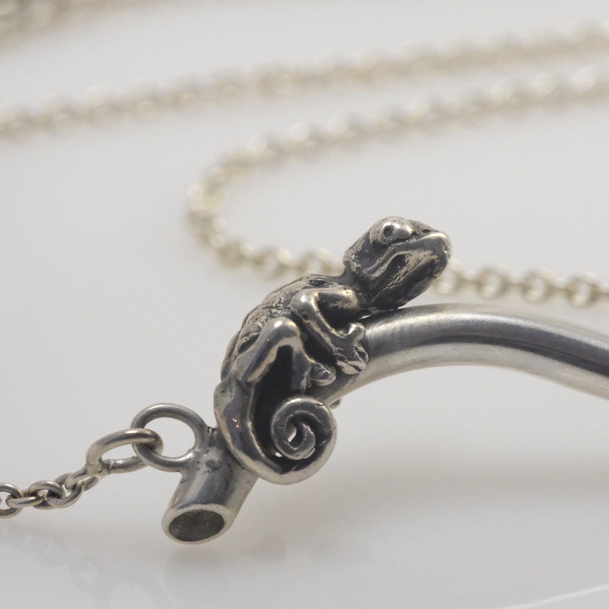 Sterling silver chameleon necklace with branch design