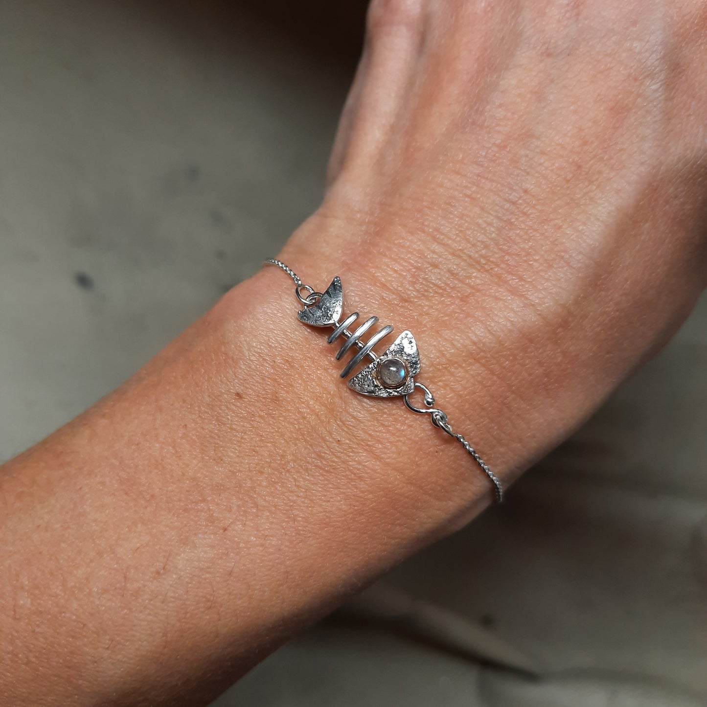 Artisan silver fish bone bracelet with copper and labradorite