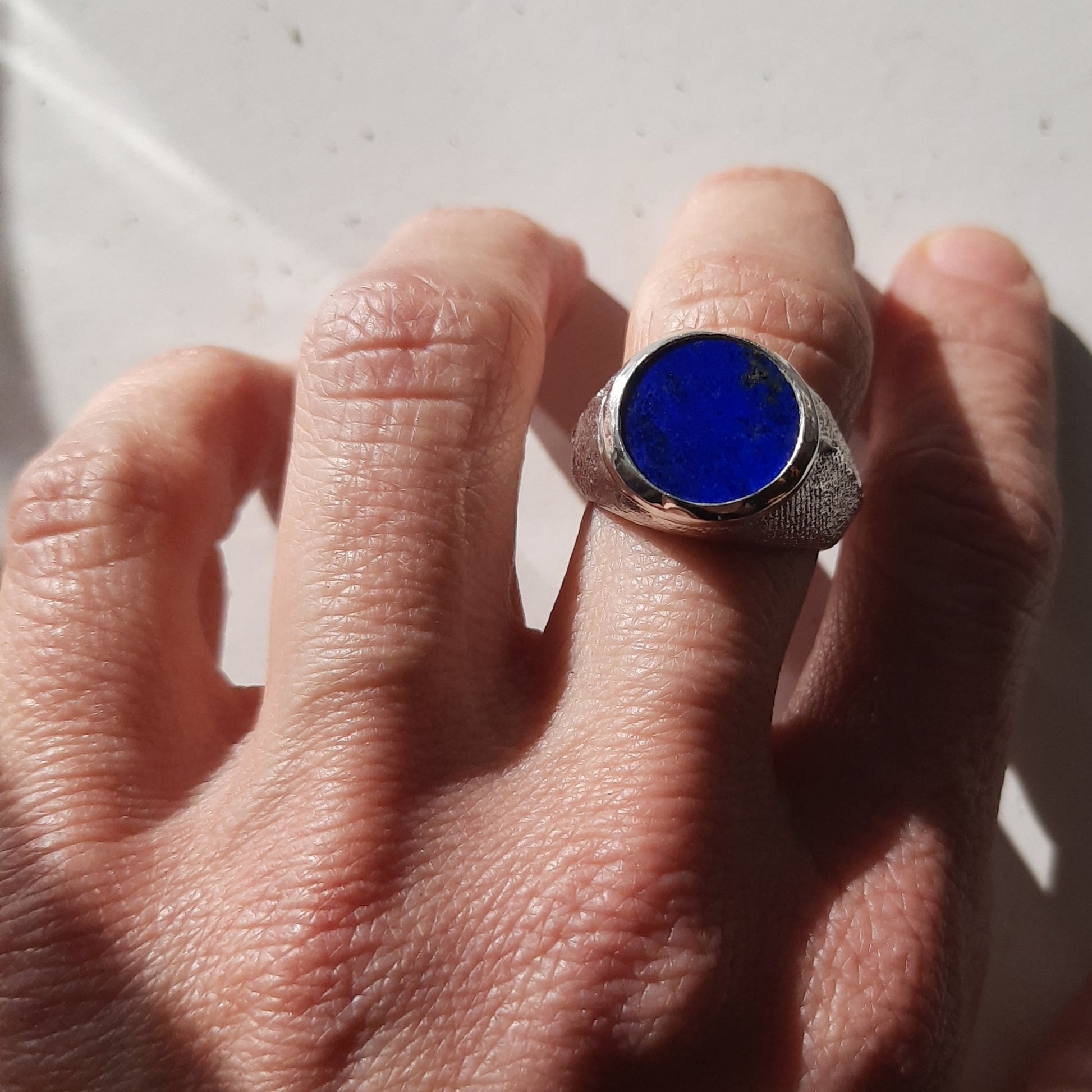 Deep blue lapis lazuli set in sterling silver, artisan signet ring