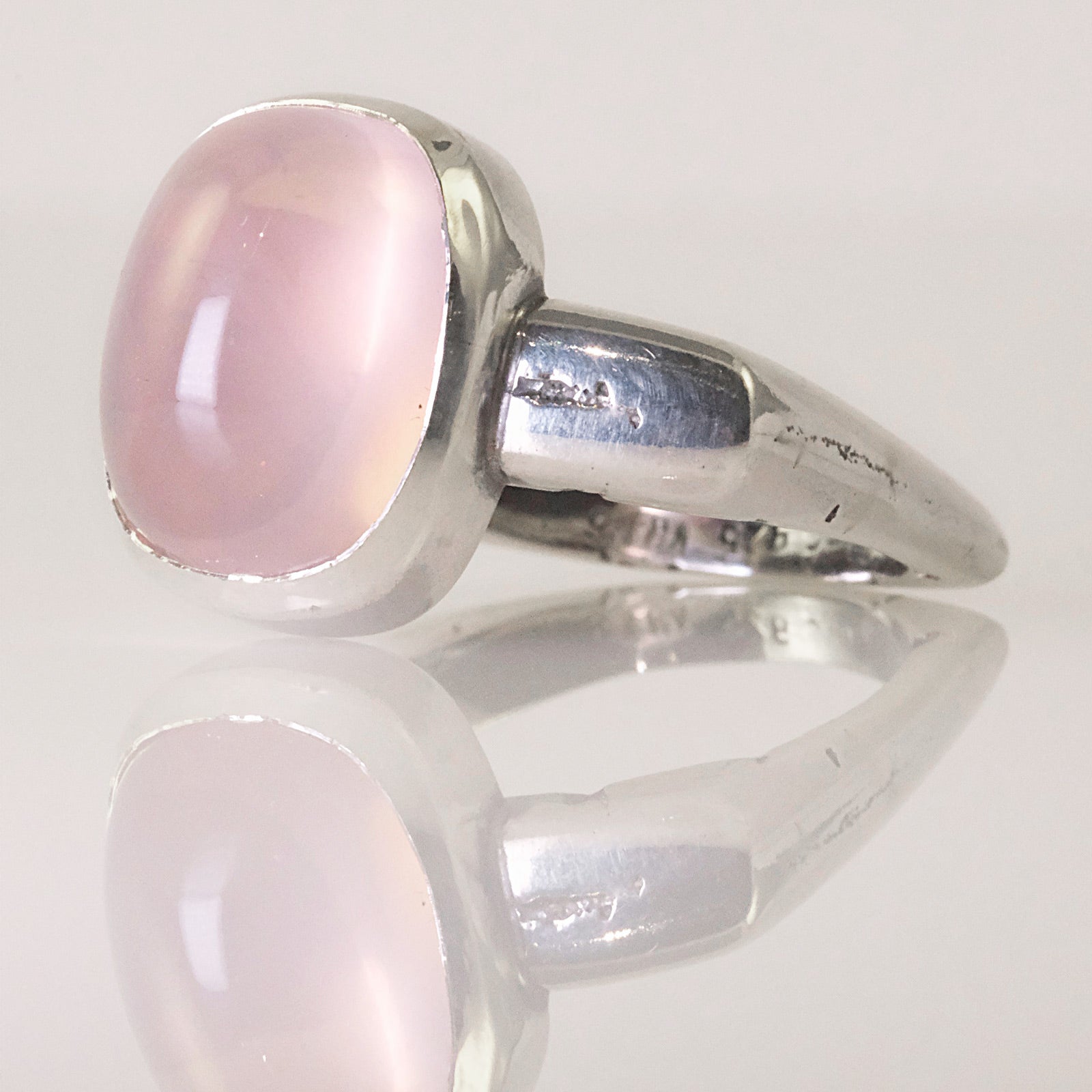 Handcrafted sand-cast sterling silver ring with pale pink quartz cabochon, VerdeRame Jewels Copenhagen