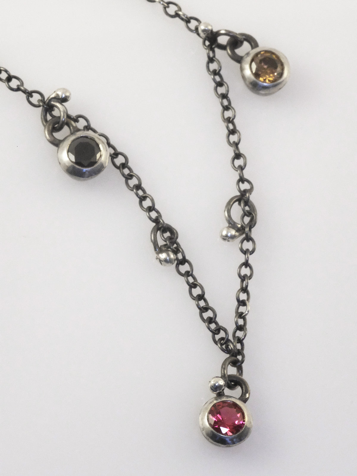 Oxidised silver chain necklace with colourful crystal pendants