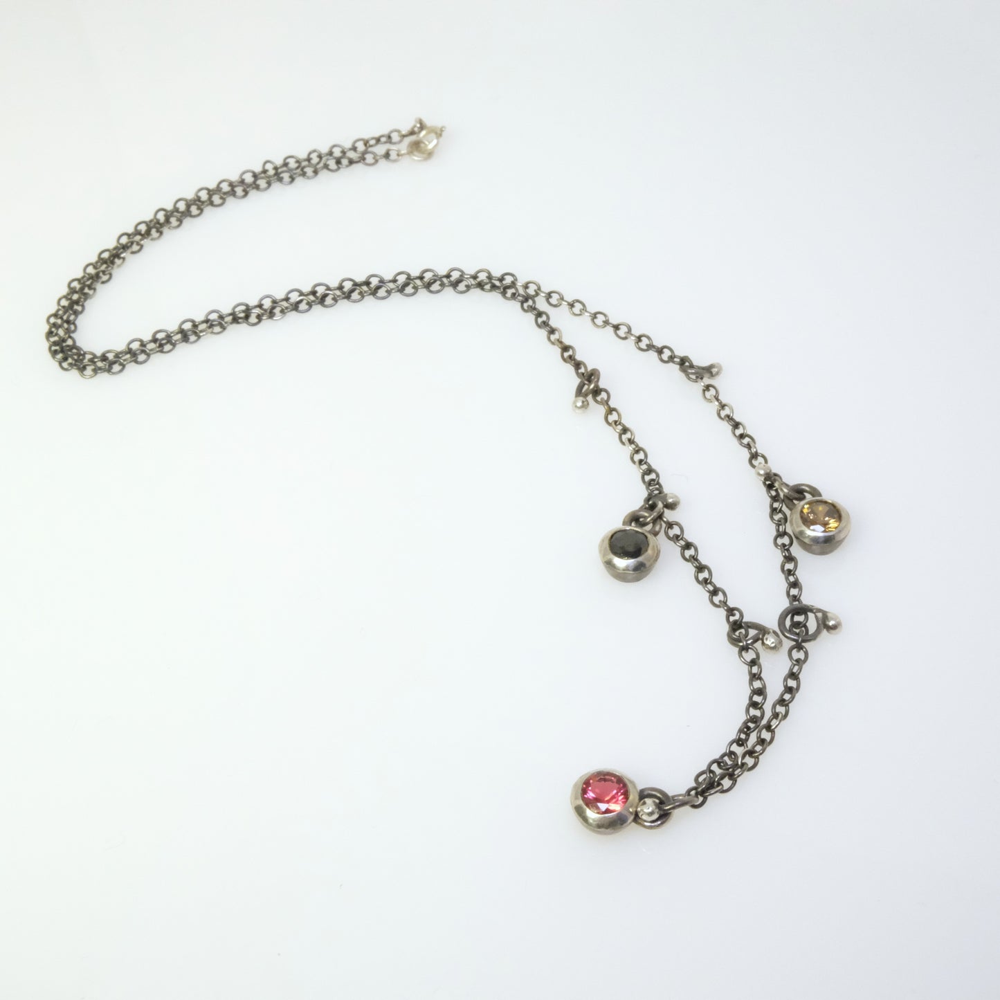 Quirky oxidised silver necklace with round crystals handmade by VerdeRame Jewels